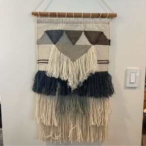 Bohemian Woven Wall Hanging Tapestry with Fringe and Wood Rail